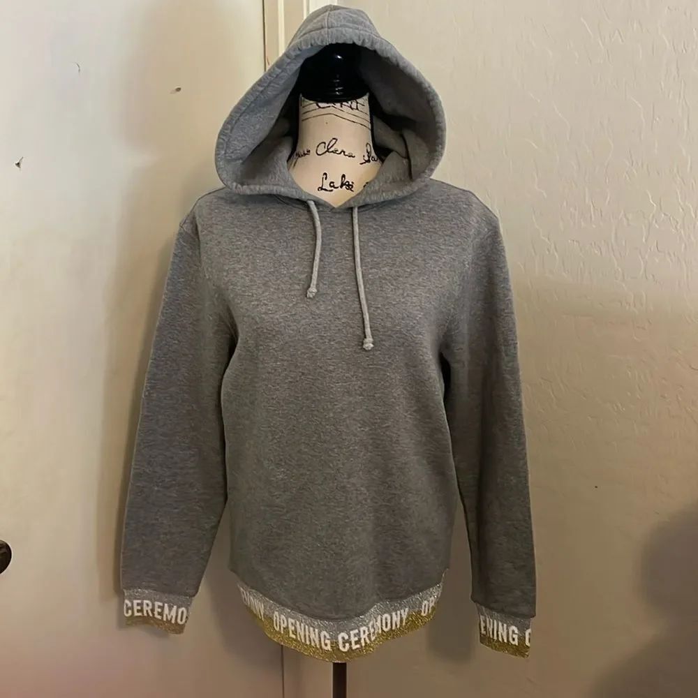 Opening Ceremony Gray Glitter Design Logo Hoodie Drawstring Sweatshirt Casual